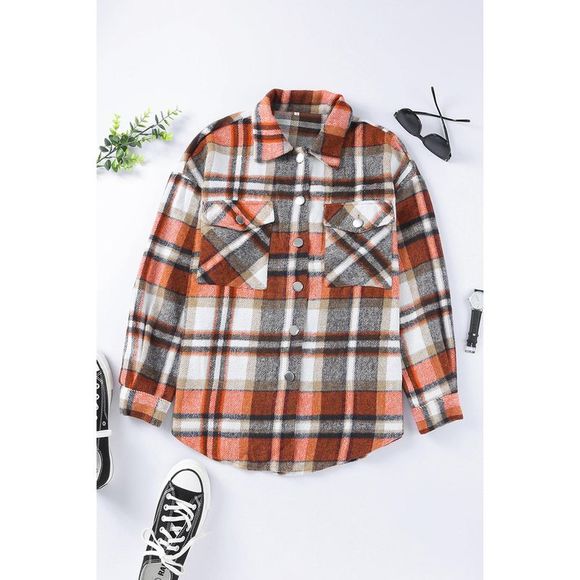 Azura Exchange  Orange Chest Pockets Flannel Plaid Shacket - Picture 6 of 15